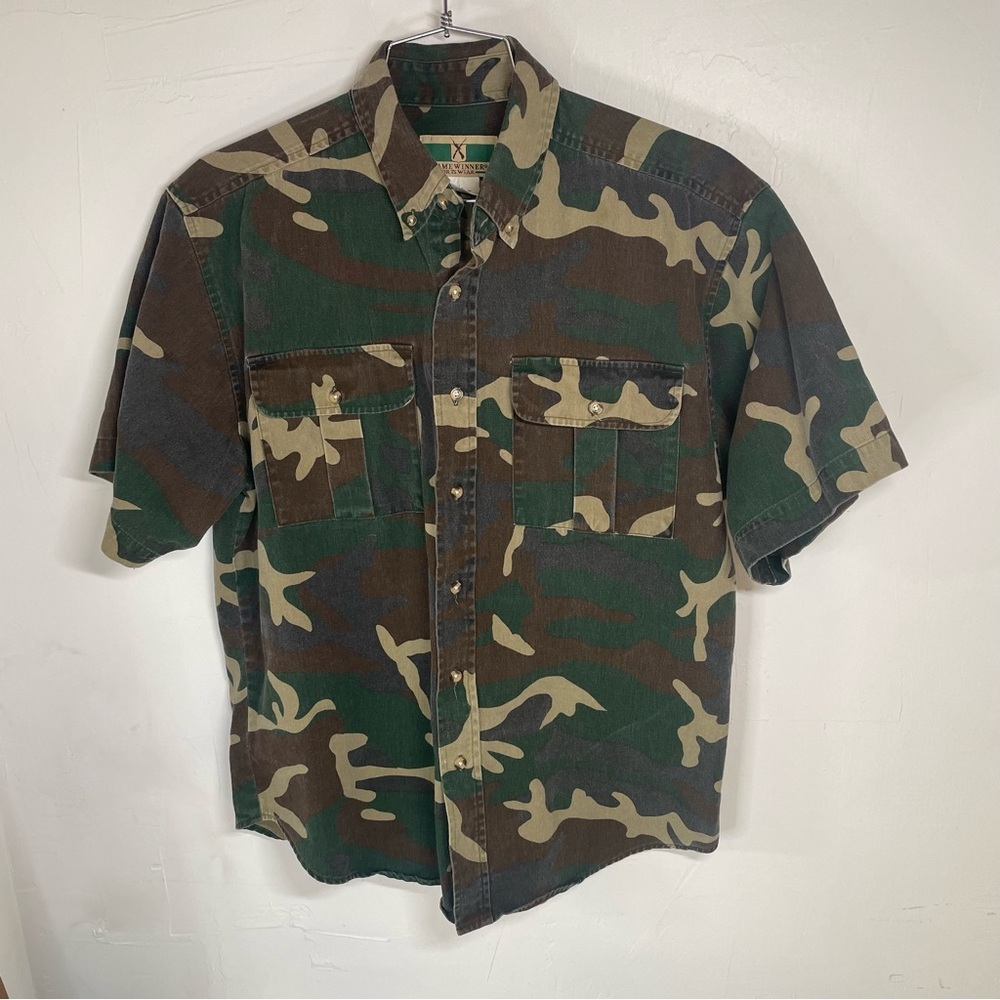 Vintage  Game Winner Camo Cargo Safari Short Sleeve Button Down​